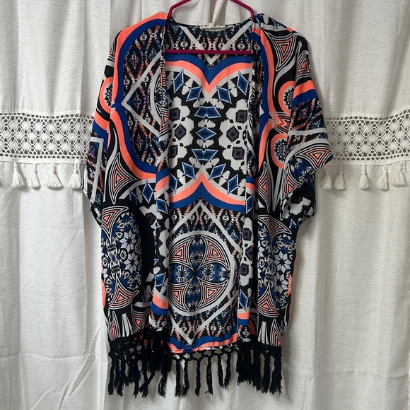 Wishful Park Tops - Wishful Park Aztec Print Open Kimono in Navy, Coral & White